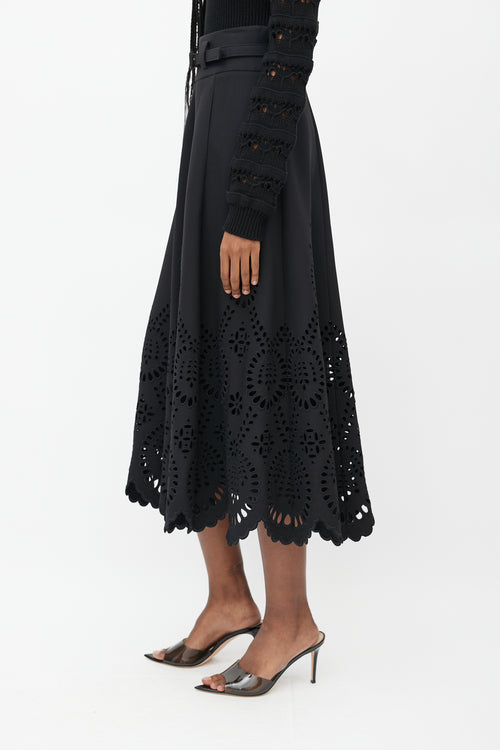 Valentino Black Eyelet VLogo Belted Maxi Skirt