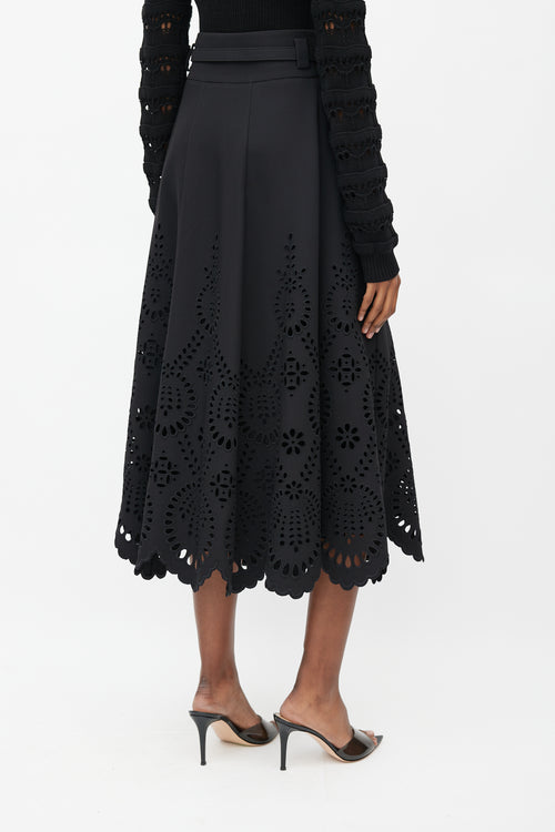 Valentino Black Eyelet VLogo Belted Maxi Skirt