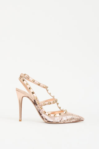 Valentino Pink Leather 
Sequined Rockstud Caged Pump