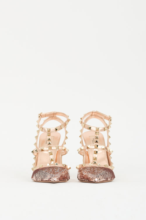 Valentino Pink Leather 
Sequined Rockstud Caged Pump