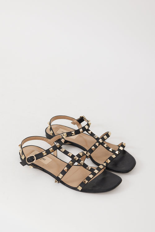 Valentino Black 
Gold Leather Rockstud Caged Sandal