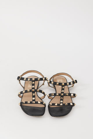 Valentino Black 
Gold Leather Rockstud Caged Sandal