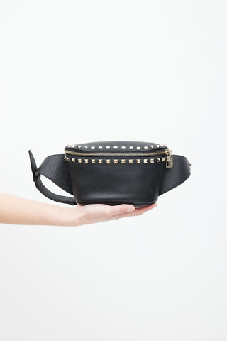 Valentino Black 
Gold Rockstud Leather Belt Bag