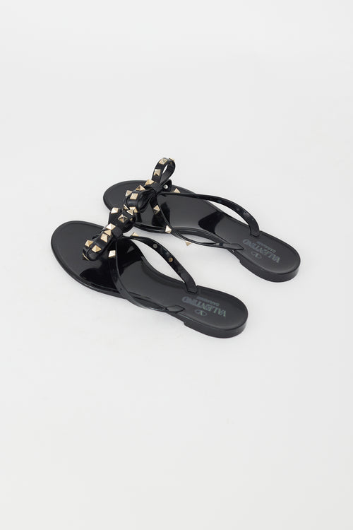 Valentino Black Rubber Rockstud Bow Sandal