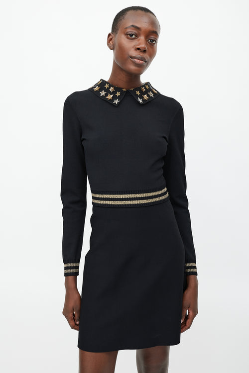 Valentino Black 
Gold Sequin Star Collar Dress