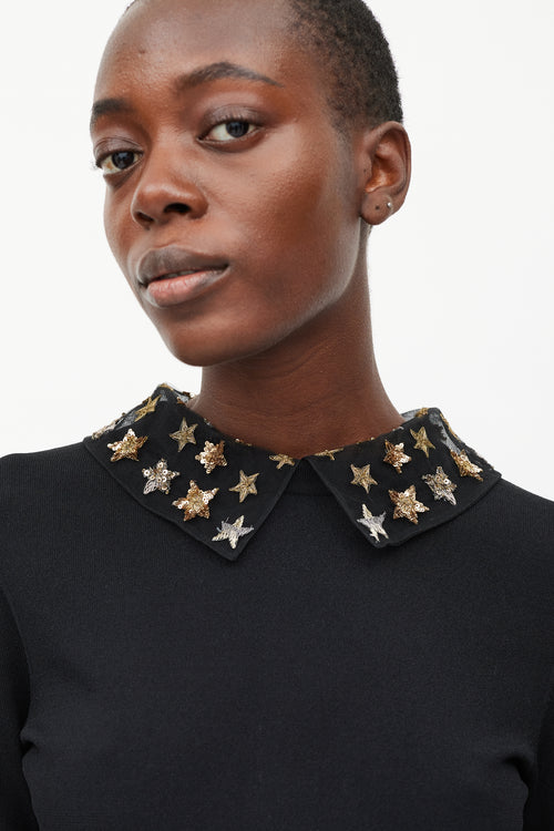 Valentino Black 
Gold Sequin Star Collar Dress