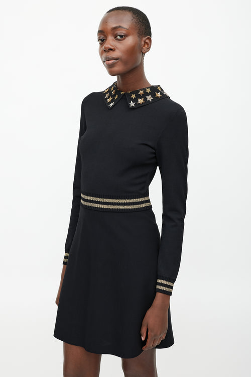 Valentino Black 
Gold Sequin Star Collar Dress