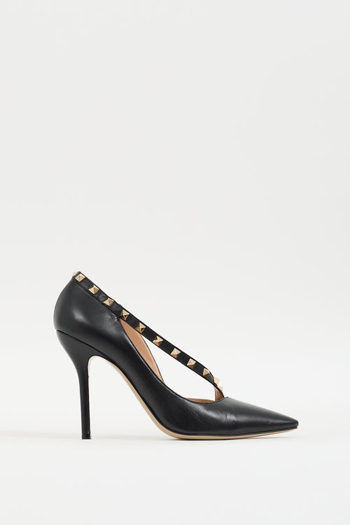 Valentino Black Leather Cross Strap Rockstud Pump