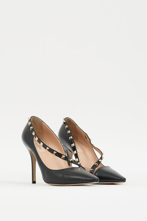 Valentino Black Leather Cross Strap Rockstud Pump