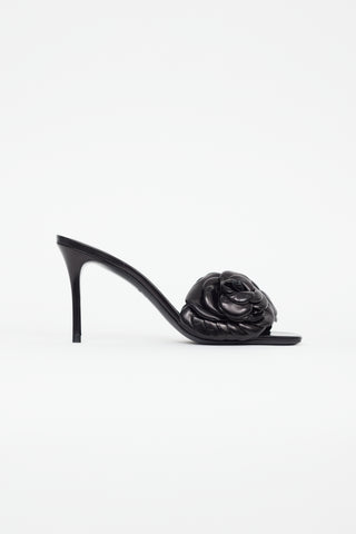 Valentino Black Leather Flower Mule