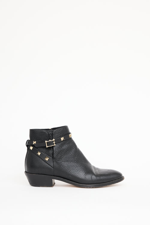 Valentino Black Leather Rockstud Ankle Boot