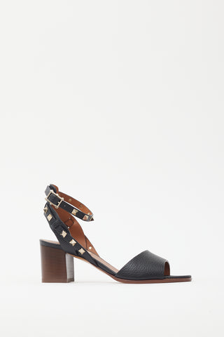 Valentino Black Leather Rockstud Block Heel Sandal