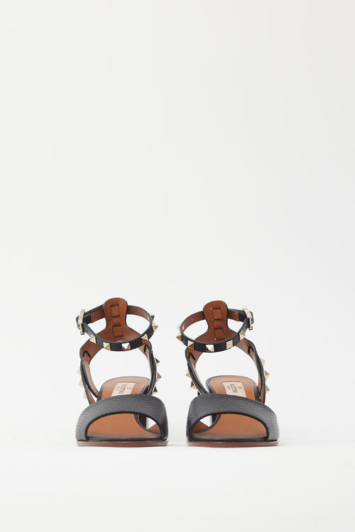 Valentino Black Leather Rockstud Block Heel Sandal