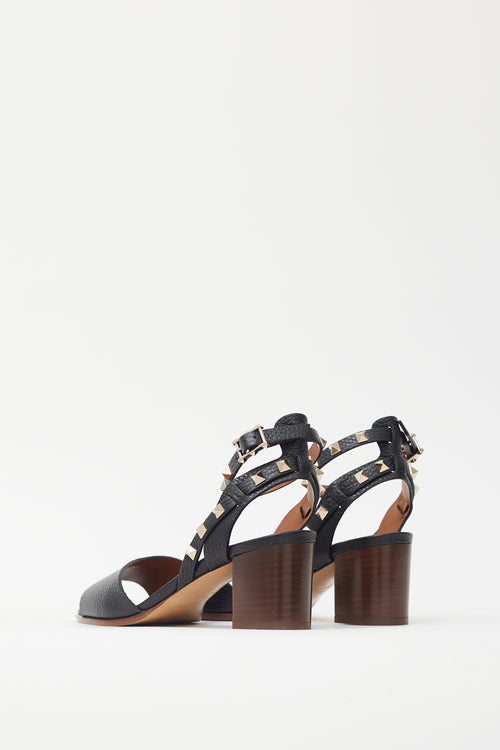 Valentino Black Leather Rockstud Block Heel Sandal