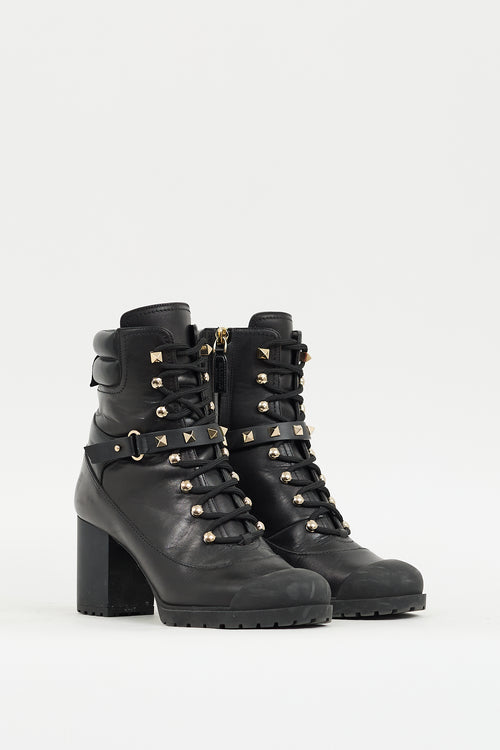 Valentino Black Leather Rockstud Heeled Combat Boot