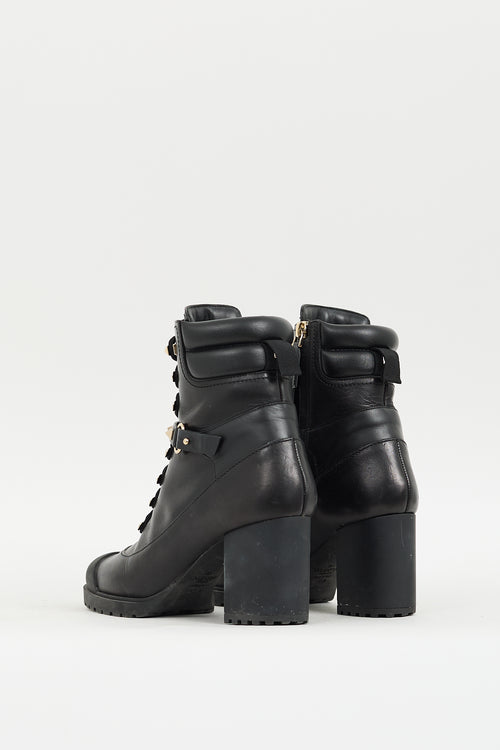 Valentino Black Leather Rockstud Heeled Combat Boot