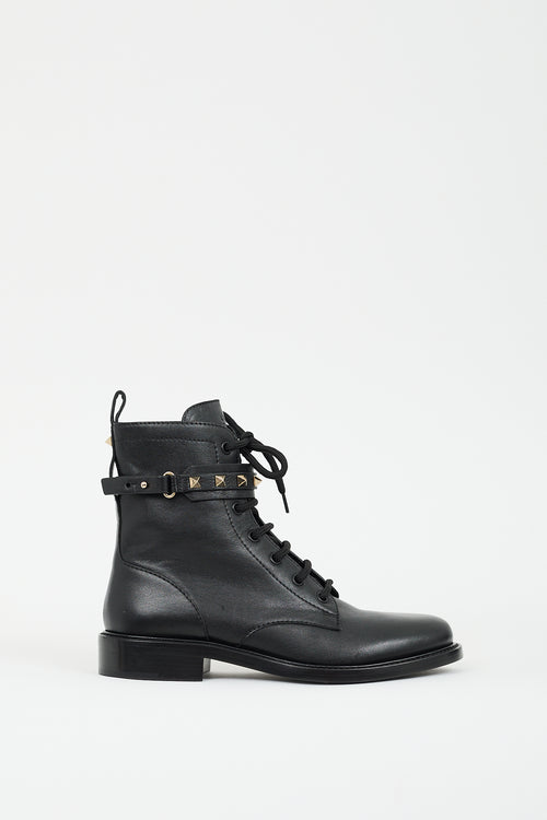 Valentino Black Leather Rockstud Strap Combat Boot