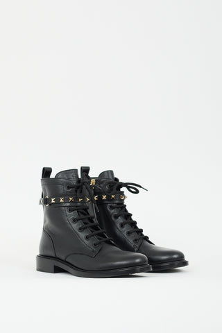 Valentino Black Leather Rockstud Strap Combat Boot