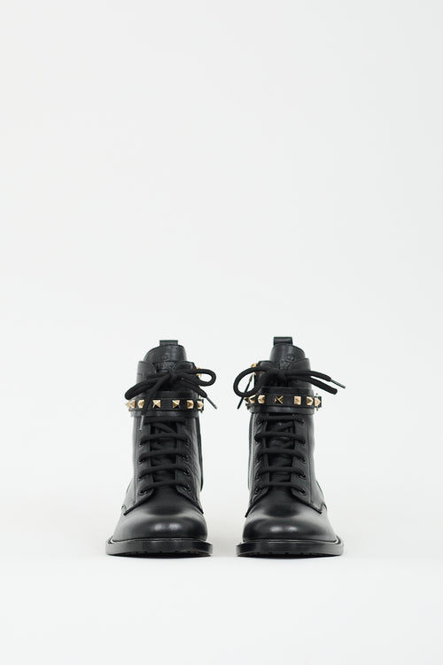 Valentino Black Leather Rockstud Strap Combat Boot