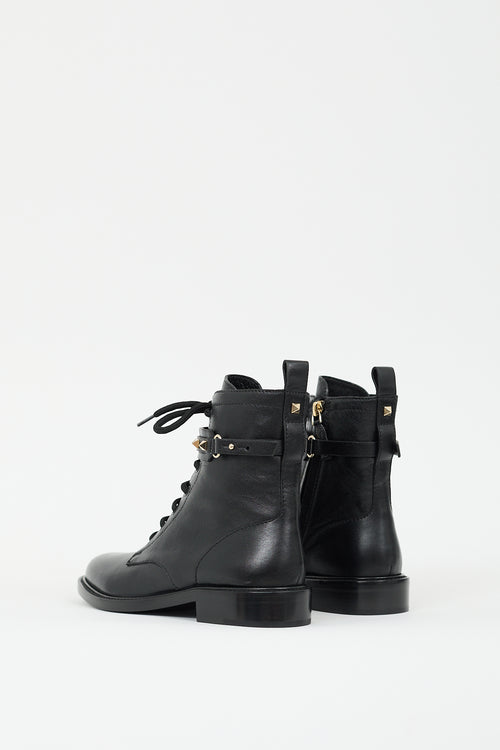 Valentino Black Leather Rockstud Strap Combat Boot