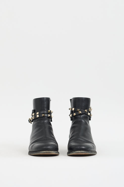 Valentino Black Leather Rockstud Wraparound Chelsea Boot