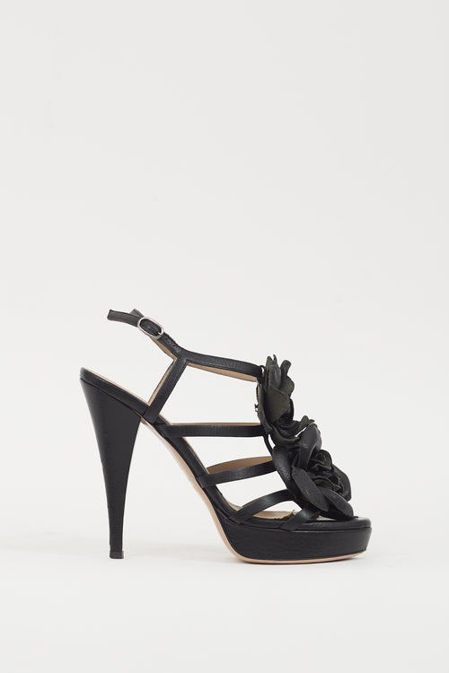 Valentino Black Leather Floral Sandal