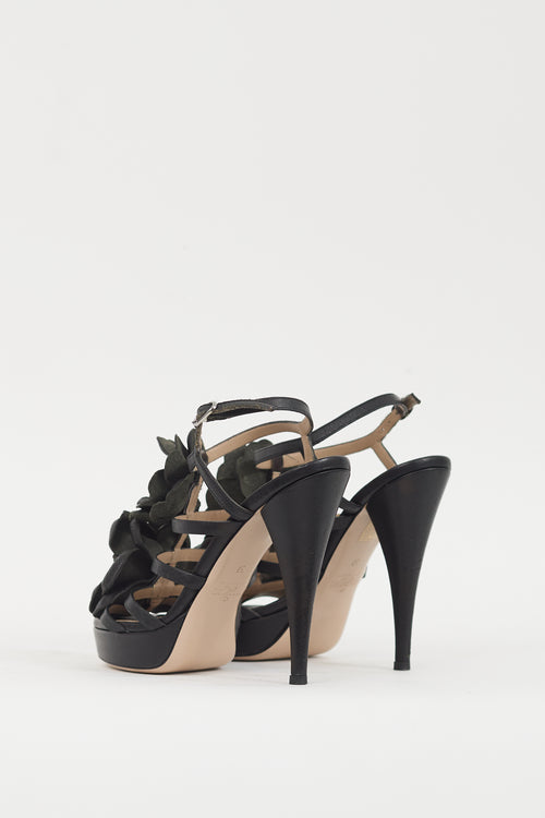 Valentino Black Leather Floral Sandal