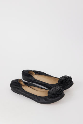 Valentino Black Leather Flower Toe Ballet Flat