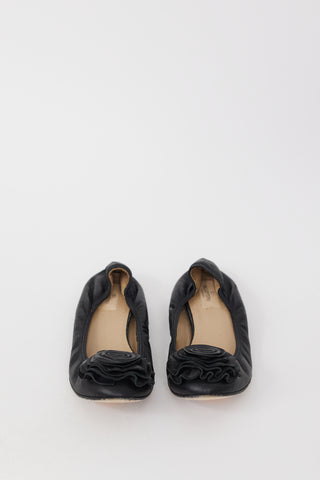 Valentino Black Leather Flower Toe Ballet Flat