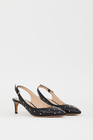 Valentino Black Quilted Leather Mini Rockstud Slingback Pump