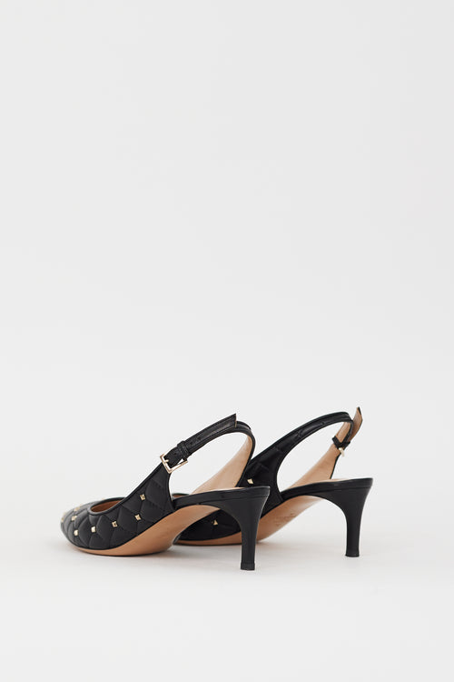 Valentino Black Quilted Leather Mini Rockstud Slingback Pump