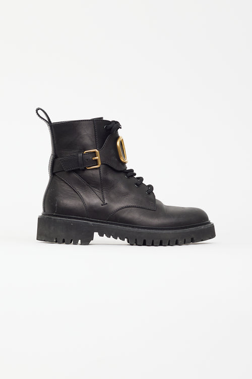 Valentino Black Leather VLogo Combat Boot