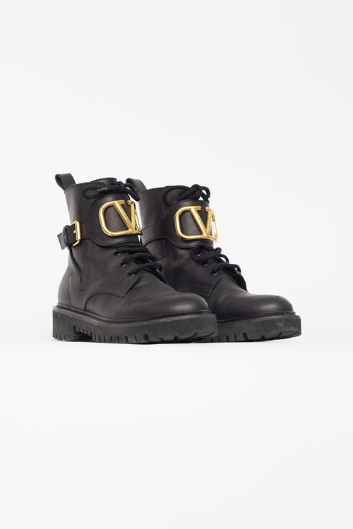 Valentino Black Leather VLogo Combat Boot