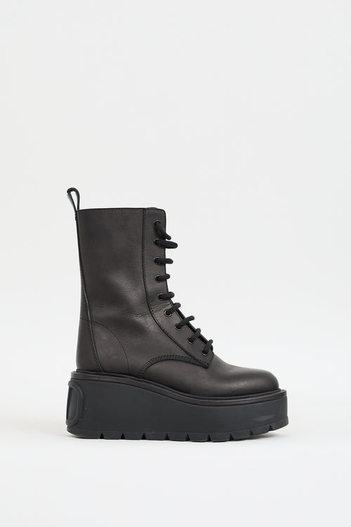 Valentino Black Leather VLOGO Uniqueform Platform Combat Boot