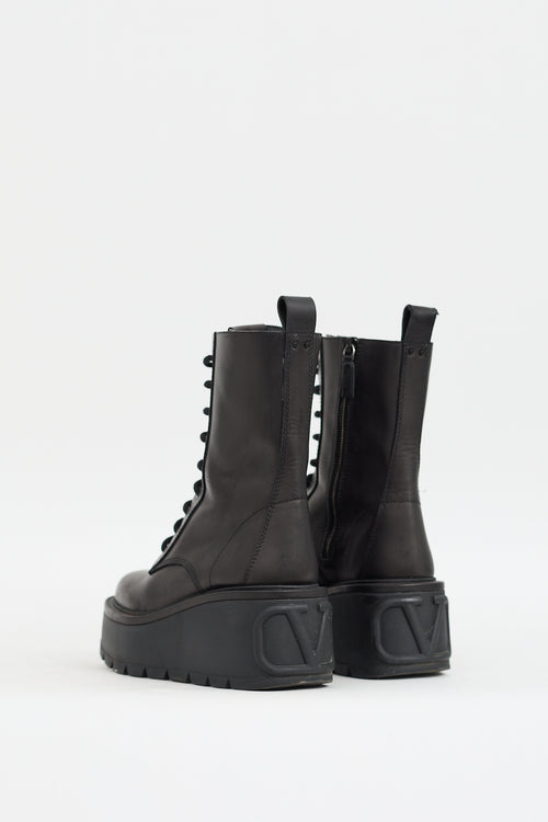 Valentino Black Leather VLOGO Uniqueform Platform Combat Boot