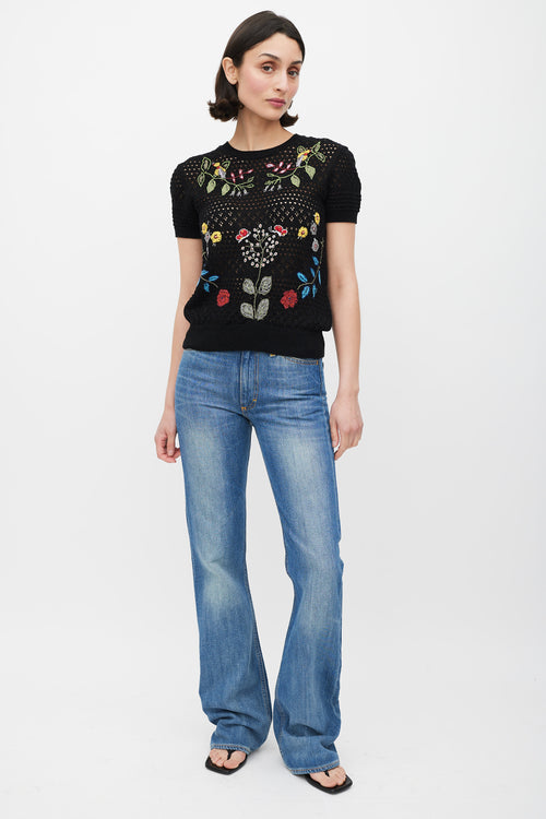 Valentino Black 
Mulicolour Crochet Floral Embroidered Top