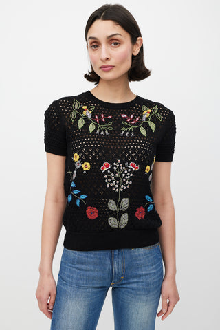 Valentino Black 
Mulicolour Crochet Floral Embroidered Top