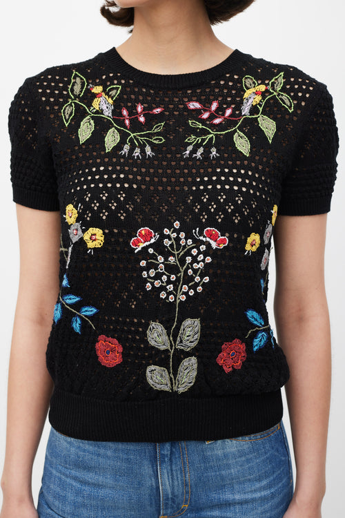 Valentino Black 
Mulicolour Crochet Floral Embroidered Top