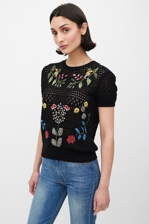 Valentino Black 
Mulicolour Crochet Floral Embroidered Top