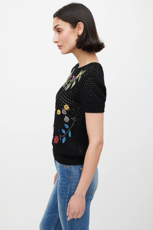 Valentino Black 
Mulicolour Crochet Floral Embroidered Top