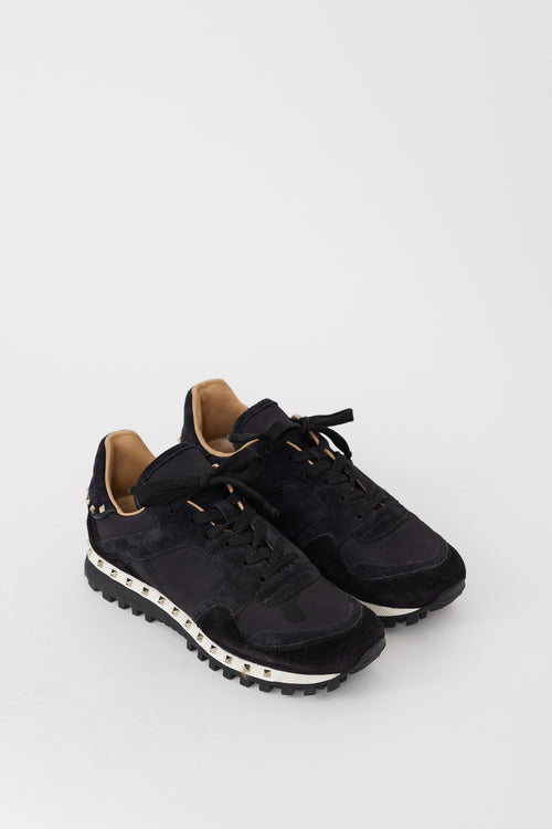 Valentino Black Nylon 
Suede Studded Rockrunner Sneaker