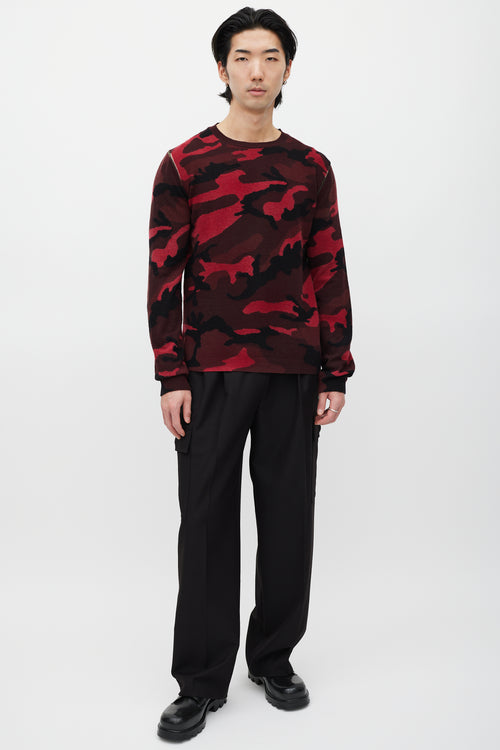 Valentino Black 
Red Wool Knit Camo Sweater