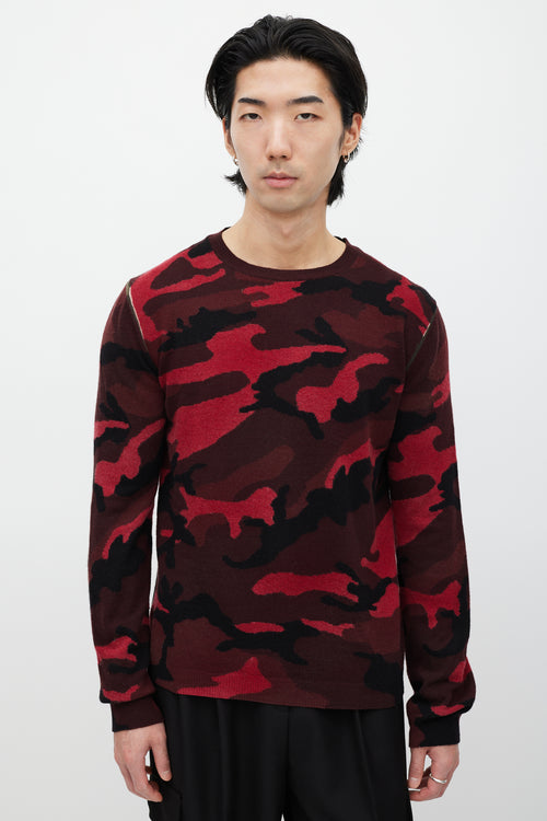 Valentino Black 
Red Wool Knit Camo Sweater