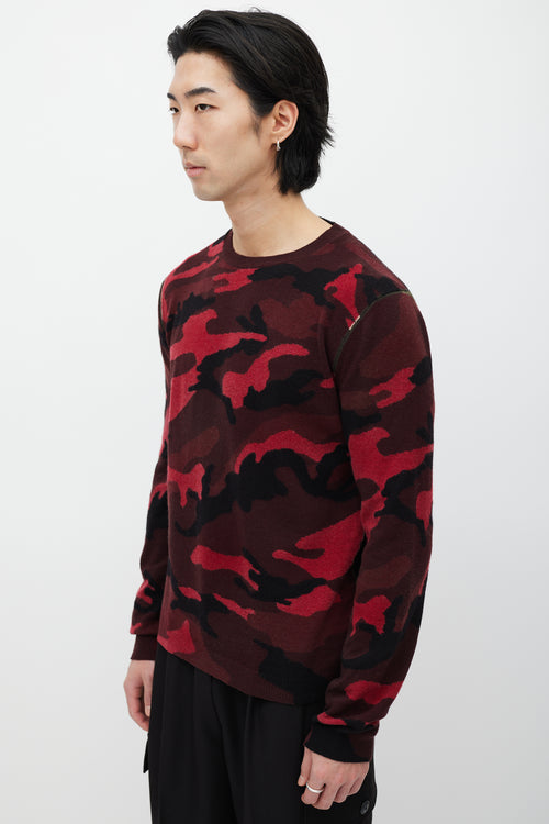 Valentino Black 
Red Wool Knit Camo Sweater