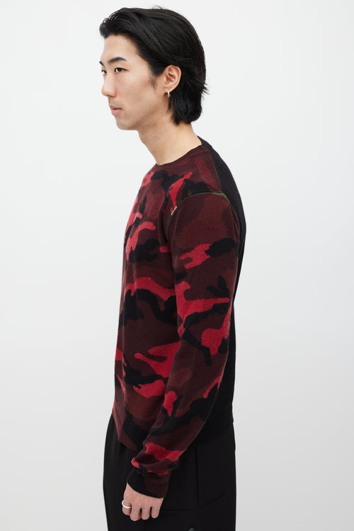 Valentino Black 
Red Wool Knit Camo Sweater