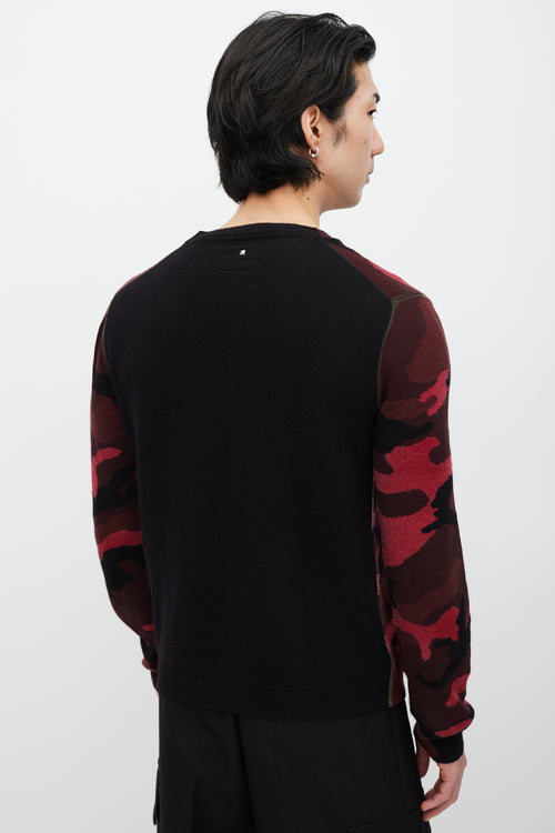 Valentino Black 
Red Wool Knit Camo Sweater