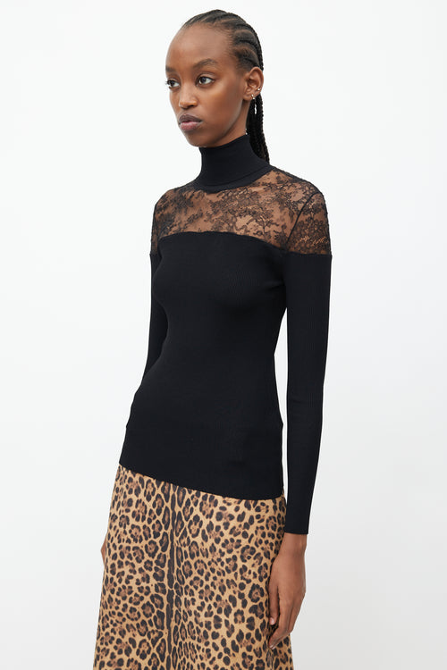 Valentino Black Ribbed Knit 
Lace Top