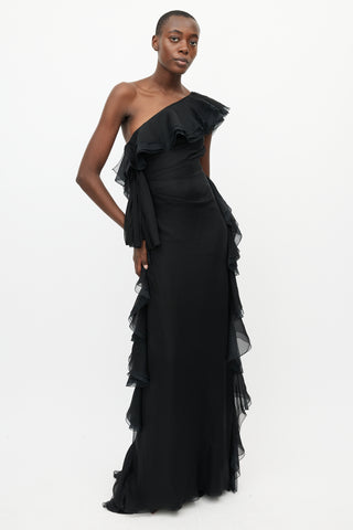 Valentino Black Silk Ruffled Tulle Dress