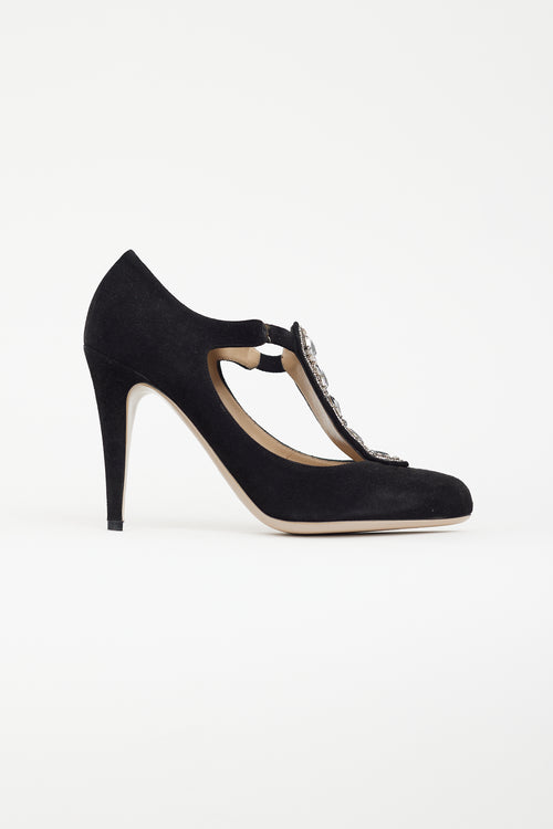 Valentino Black Suede Embellished Mary Jane Pump