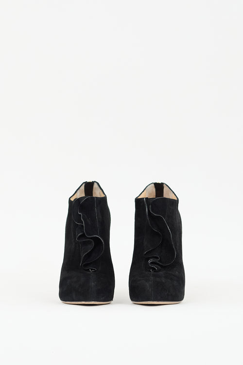 Valentino Black Suede Ruffle Ankle Boot